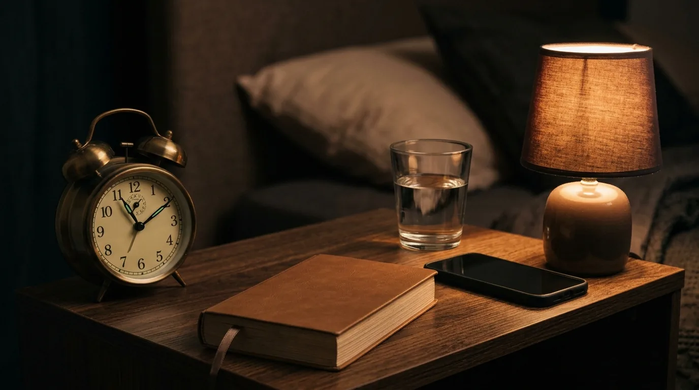 Criado-mudo à noite com relógio despertador, copo de água, livro e celular virado para baixo