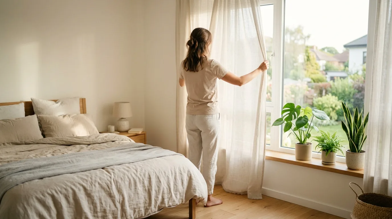 Pessoa abrindo as cortinas para a luz natural da manhã em um quarto arejado e organizado