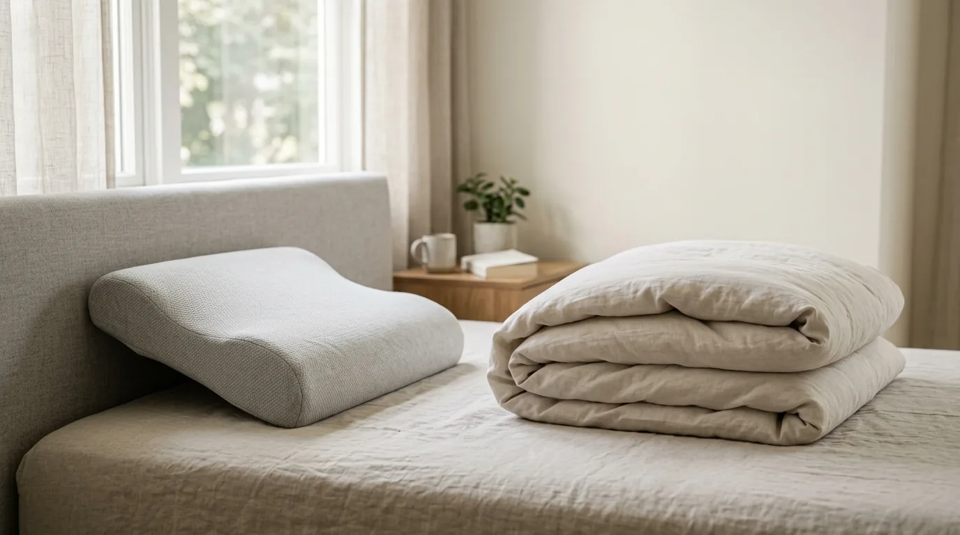 Travesseiro ergonomico e edredom dobrado sobre a cama arrumada, com luz suave da manha