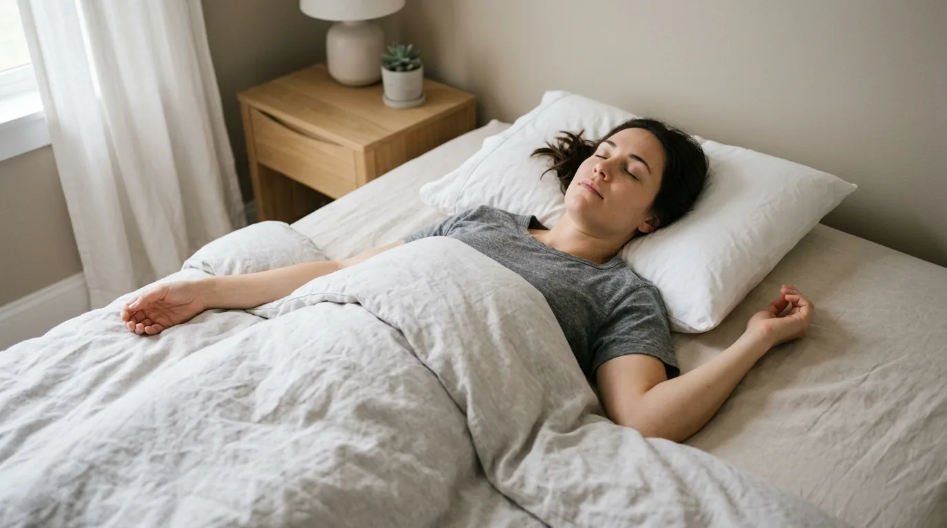 Pessoa dormindo de costas na cama, com os bracos relaxados ao lado do corpo, em quarto sereno