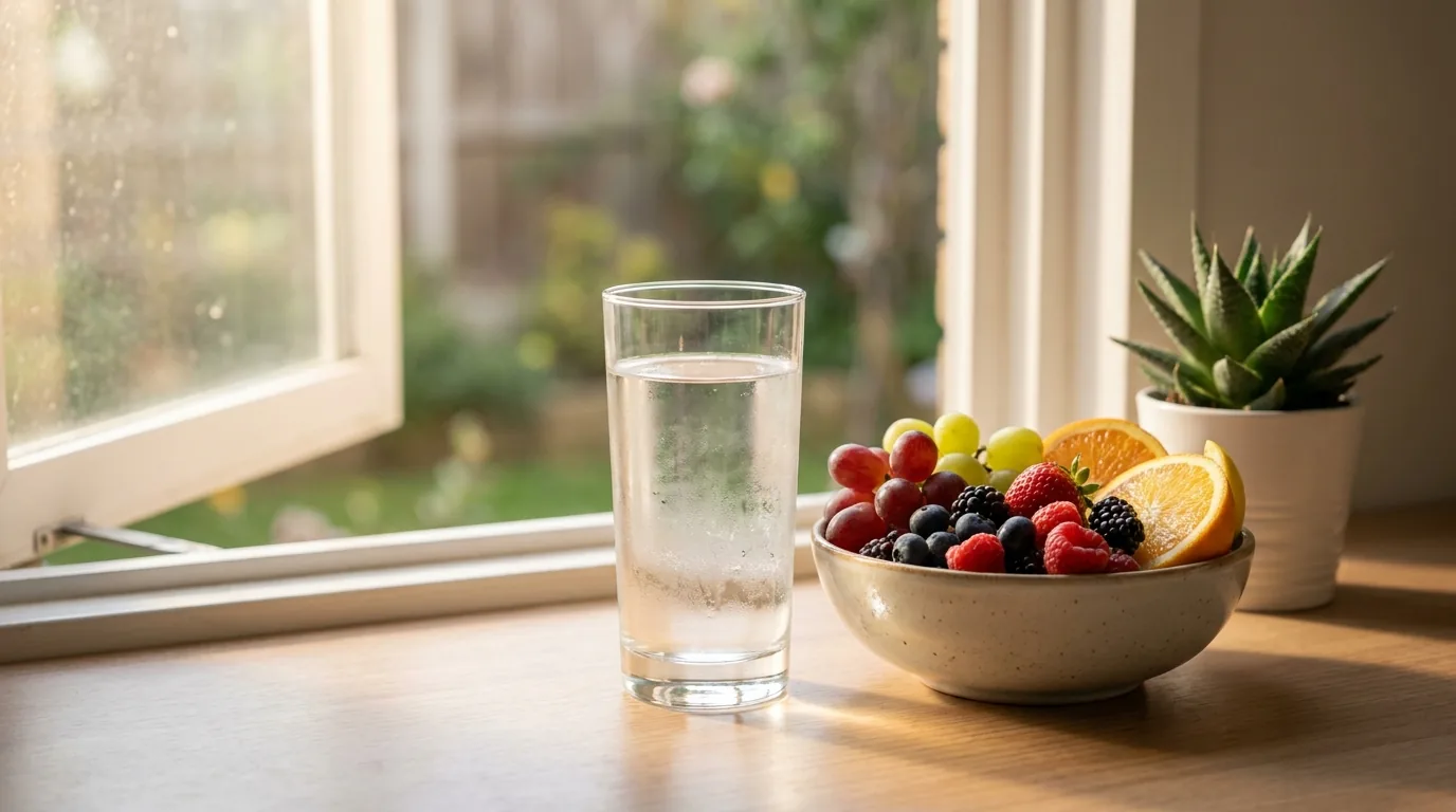 Copo de agua, tigela de frutas e uma planta na janela iluminada, os basicos que clareiam a mente