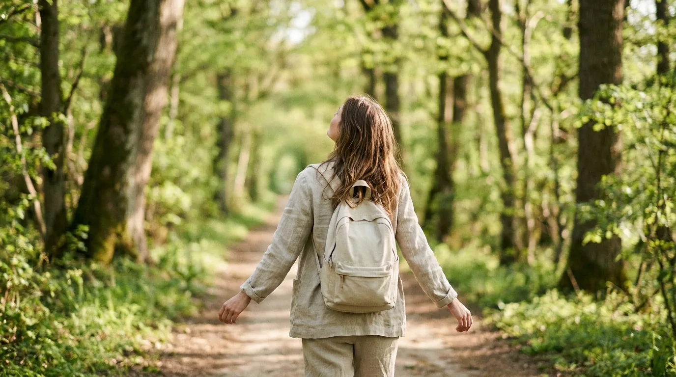Pessoa caminhando ao ar livre por uma trilha arborizada, respirando e clareando o pensamento