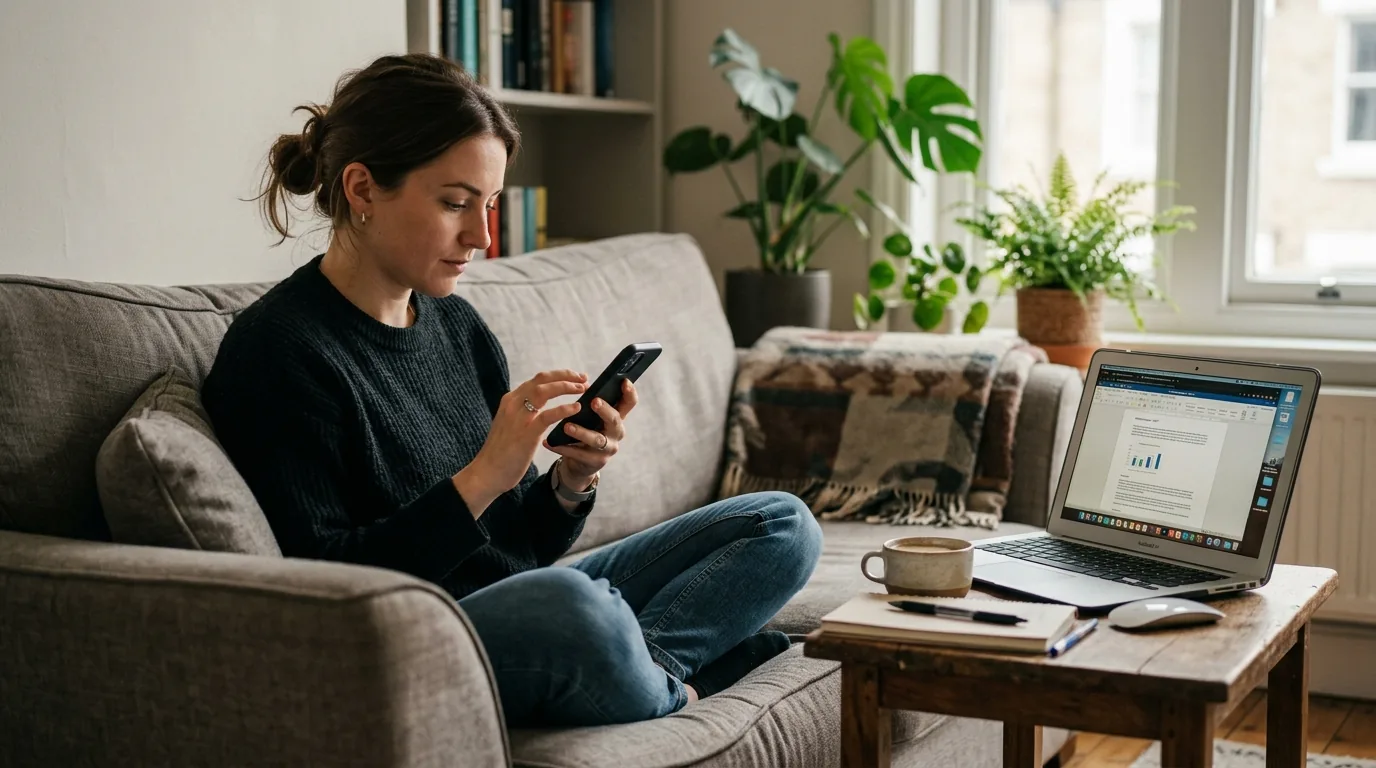 Pessoa no sofa rolando o celular enquanto um notebook com trabalho aberto espera ignorado ao lado