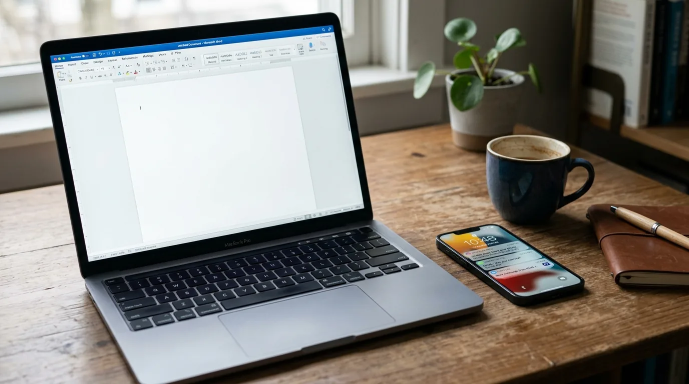 Mesa com um notebook aberto num documento em branco e um celular aceso ao lado, a distracao a espreita