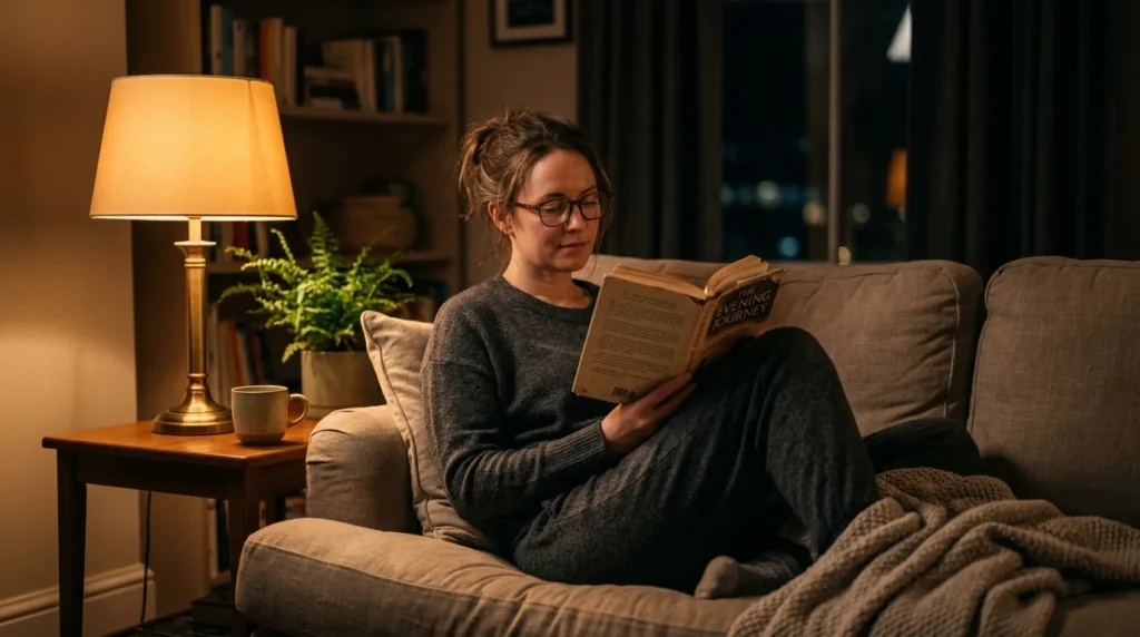 Pessoa lendo um livro sob a luz quente do abajur a noite, desacelerando antes de dormir