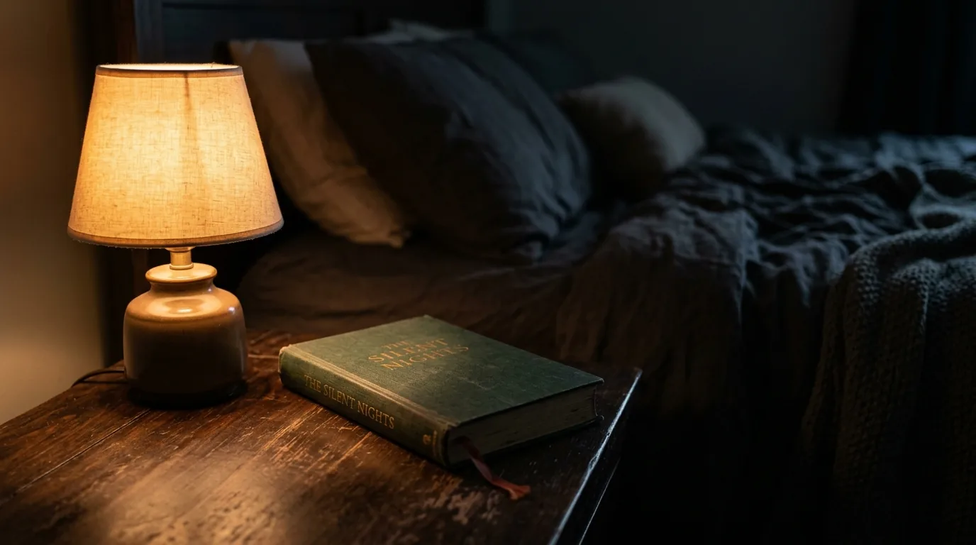 Abajur de luz baixa e quente sobre o criado-mudo com um livro, sem telas, ambiente que convida ao sono