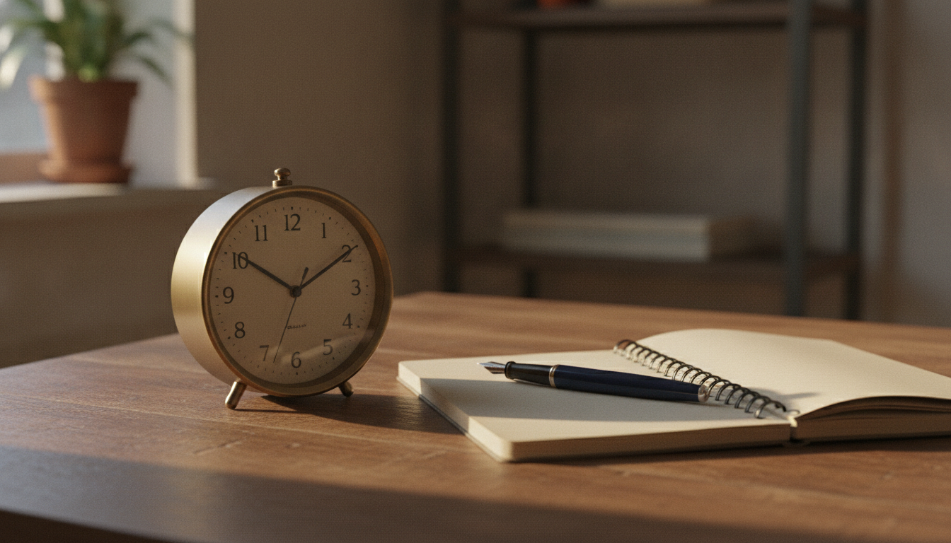 Relógio de mesa ao lado de um caderno com caneta, à luz suave do fim de tarde