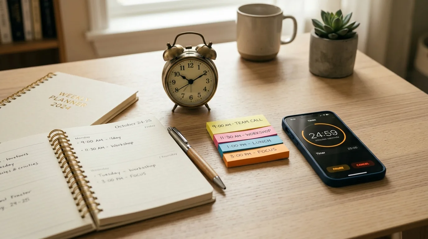 Mesa organizada com lembretes em post-its, um planner, um relogio e o celular com um cronometro