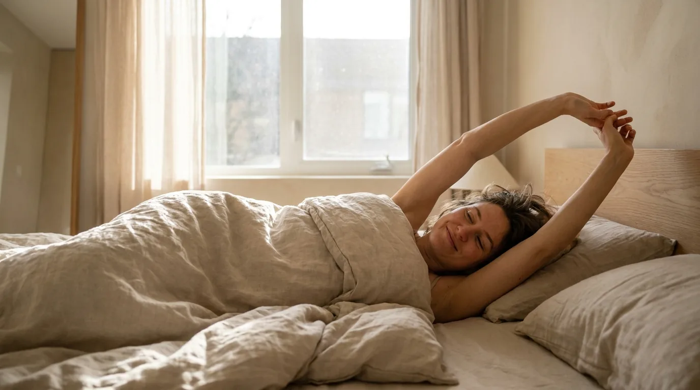 Pessoa dormindo profundamente de lado em uma cama confortavel, em um quarto sereno