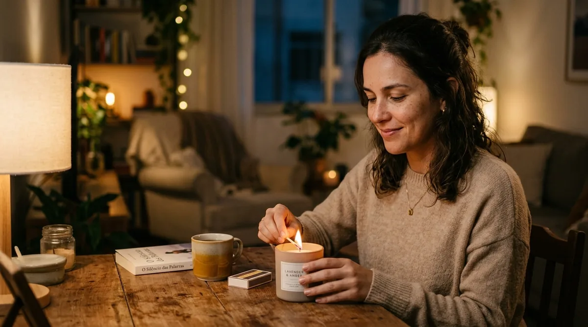 Mulher acendendo uma vela aromática à noite, numa sala aconchegante com luz baixa