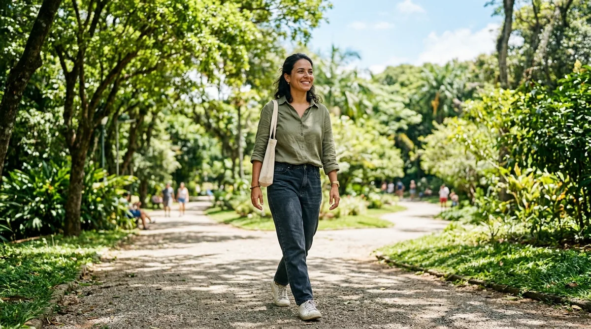 Mulher caminhando tranquila por um parque arborizado num dia de sol