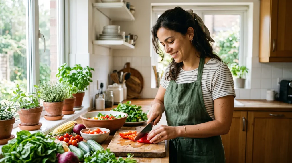 Mulher preparando uma salada colorida numa cozinha iluminada, cortando legumes