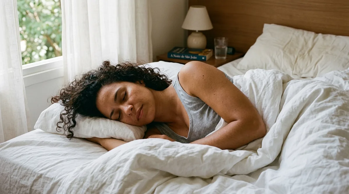 Mulher dormindo tranquilamente na cama com a luz suave da manhã