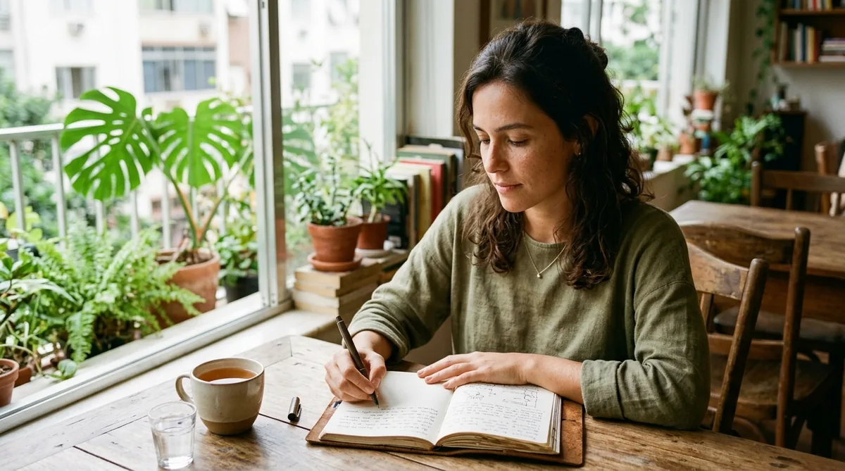 Mulher escrevendo num caderno à mesa, fazendo uma autoavaliação tranquila, com plantas na janela