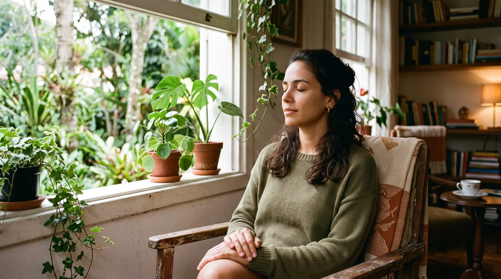 Mulher sentada numa poltrona perto da janela com os olhos fechados, fazendo uma pausa mental tranquila