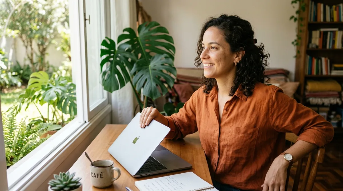 Mulher fechando o laptop na mesa para fazer uma pausa, afastando-se do trabalho