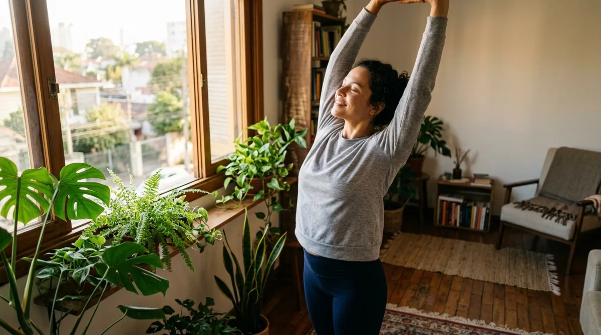 Mulher fazendo um alongamento matinal curto perto da janela, um hábito simples do dia