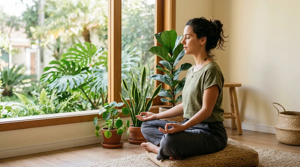 Mulher meditando sentada de pernas cruzadas perto da janela, com luz suave e plantas