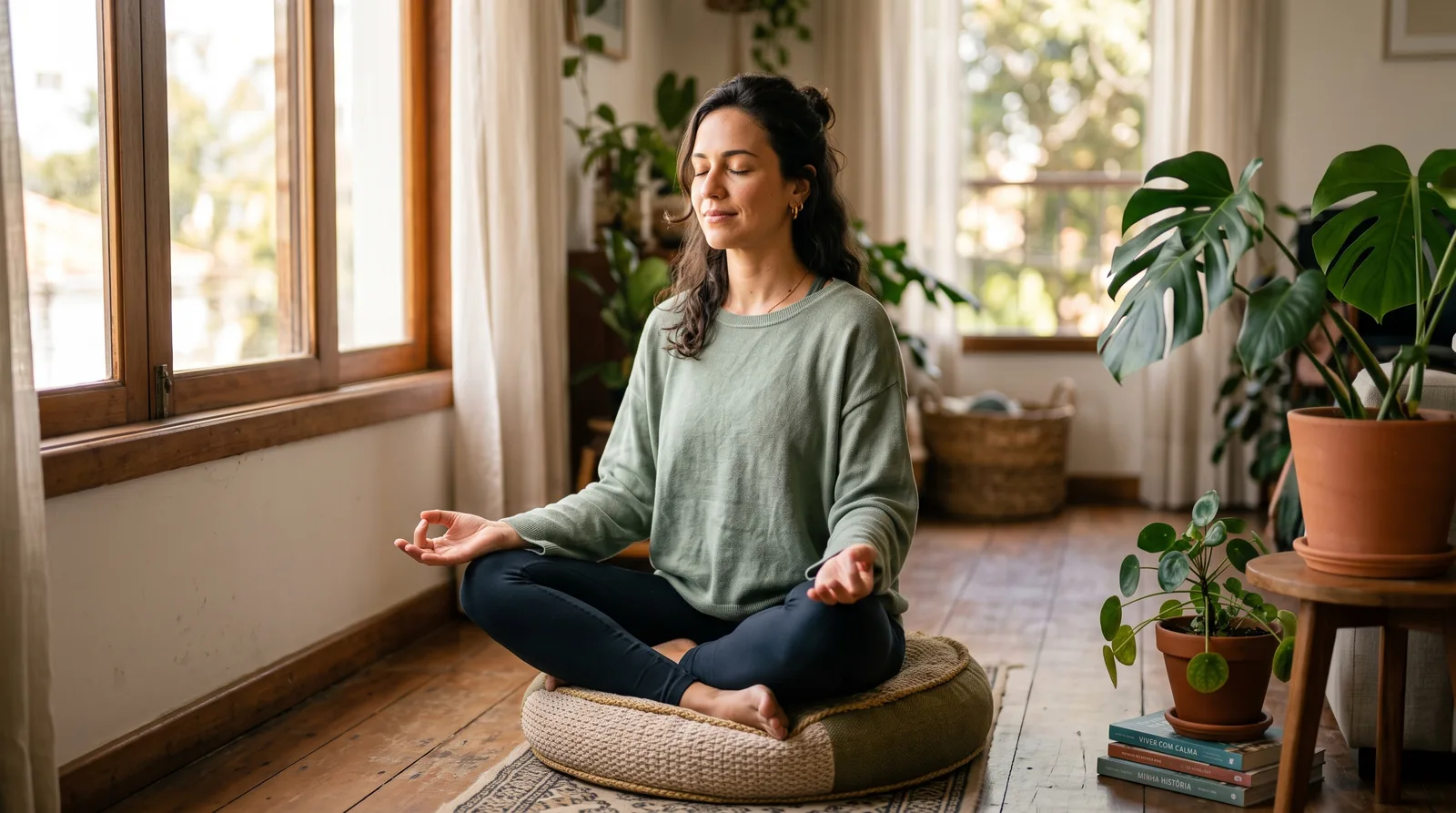 Mulher meditando de pernas cruzadas numa almofada perto da janela, praticando meditação