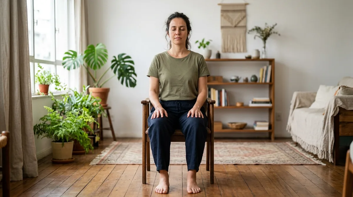Mulher meditando sentada numa cadeira, pés no chão e mãos nas coxas, postura de iniciante