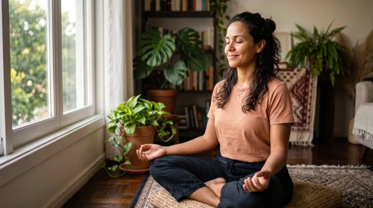 Mulher meditando serena perto da janela, com expressão de bem-estar