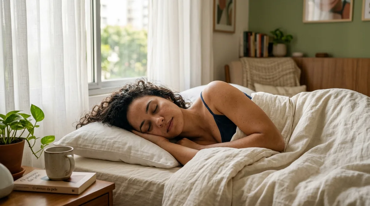 Mulher dormindo tranquila na cama com a luz suave da manhã