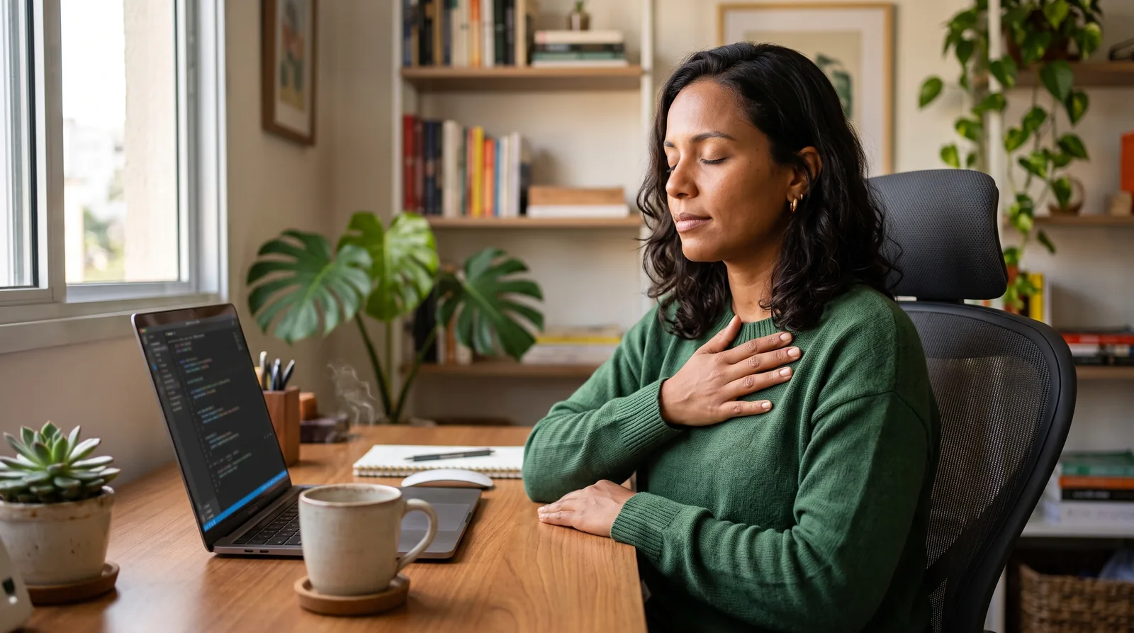 Mulher fazendo uma pausa de meditação na mesa de trabalho, olhos fechados e mão no peito