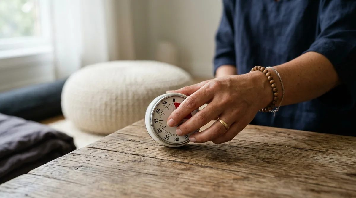 Mão ajustando um timer de cozinha sobre a mesa antes de meditar por cinco minutos