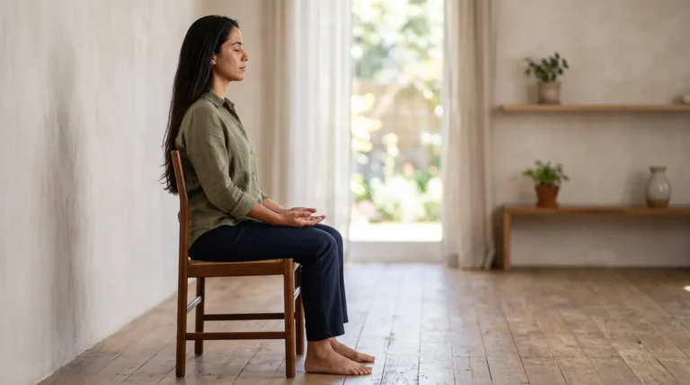 Mulher meditando sentada numa cadeira de lado, com a coluna ereta e os pés no chão