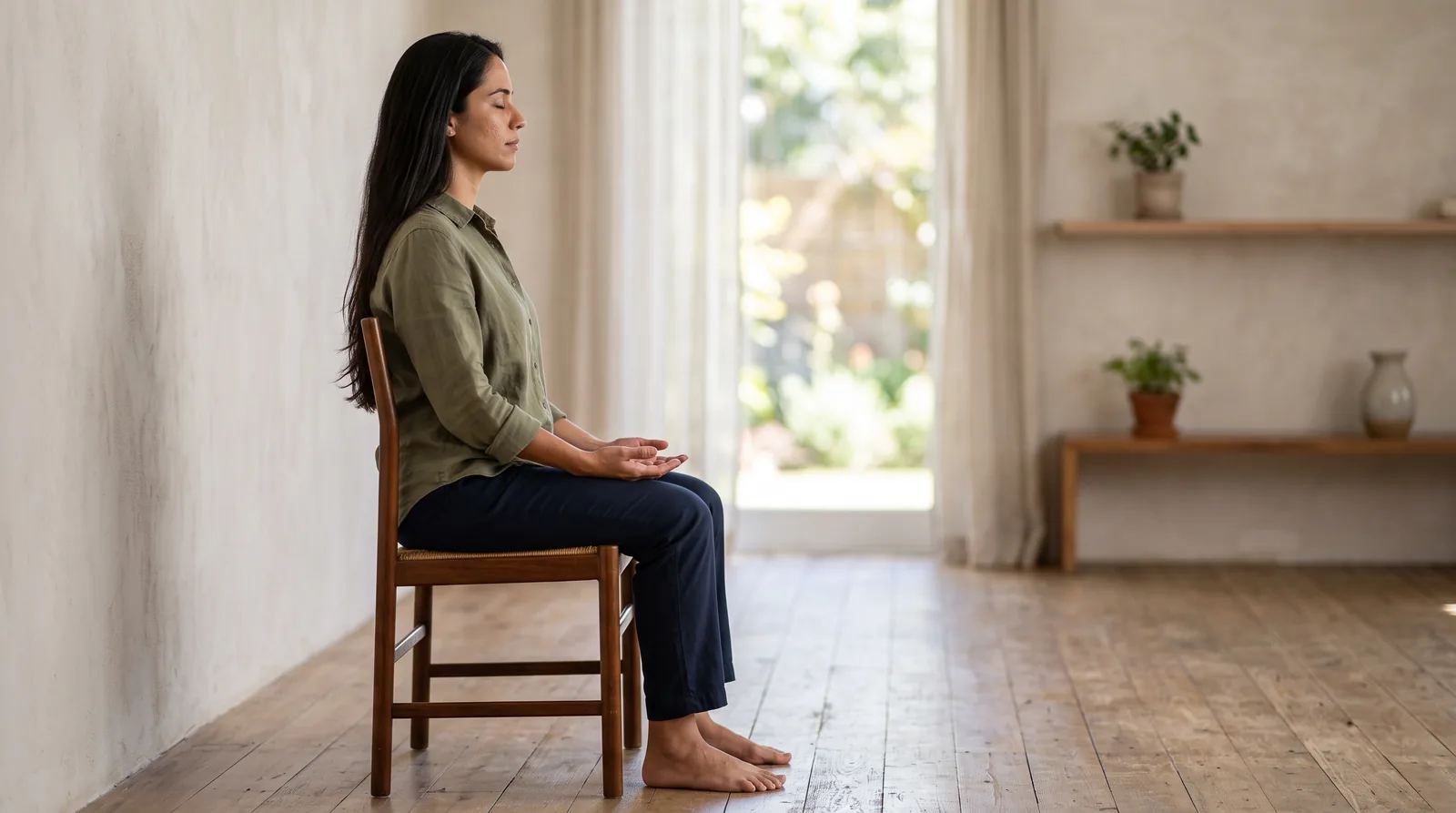 Mulher meditando sentada numa cadeira de lado, com a coluna ereta e os pés no chão