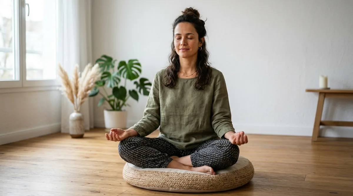 Mulher meditando de pernas cruzadas numa almofada no chão, com postura ereta