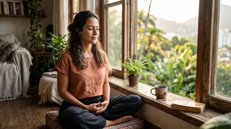 Mulher meditando perto da janela pela manhã, com uma xícara de café no parapeito