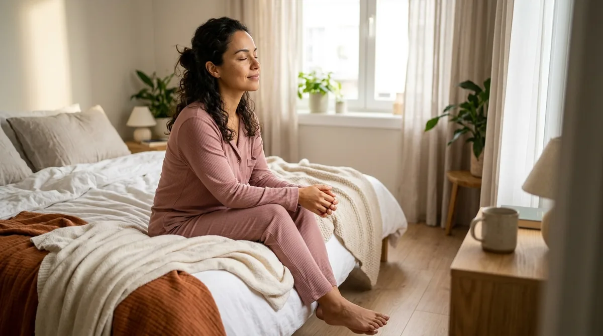 Mulher sentada na beira da cama de manhã com os olhos fechados, momento de calma ao acordar
