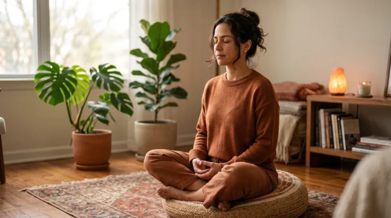 Mulher meditando serena numa almofada em casa, com as mãos no colo