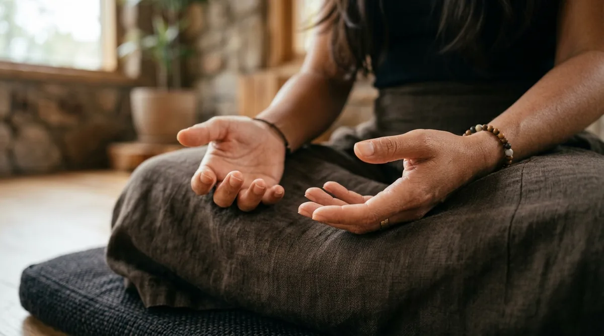 Close das mãos de uma mulher em repouso sobre os joelhos durante a meditação