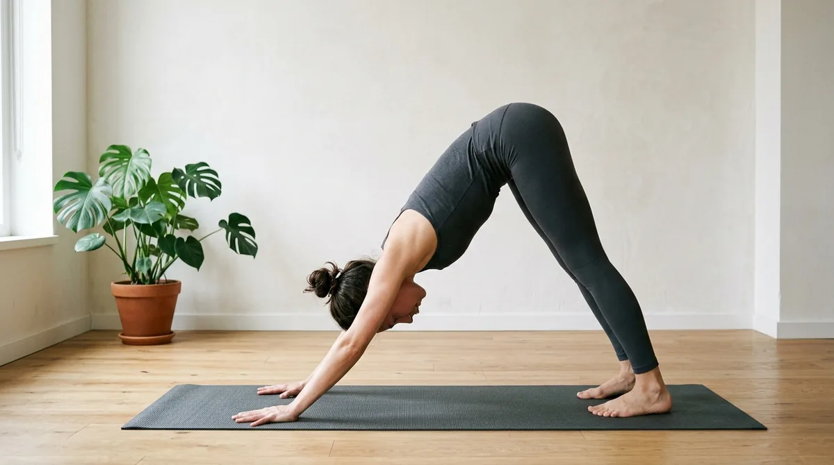 Mulher na postura do cachorro olhando para baixo, corpo em V invertido sobre o tapete de yoga
