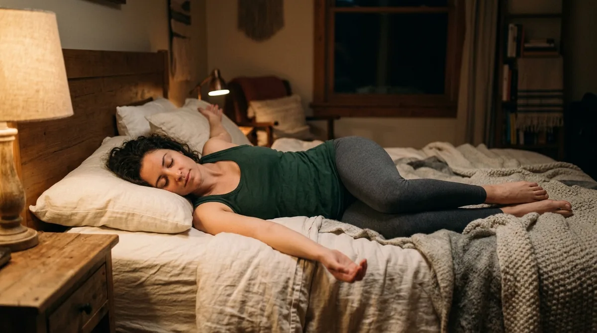 Mulher relaxada deitada na cama à noite, preparando o corpo para dormir