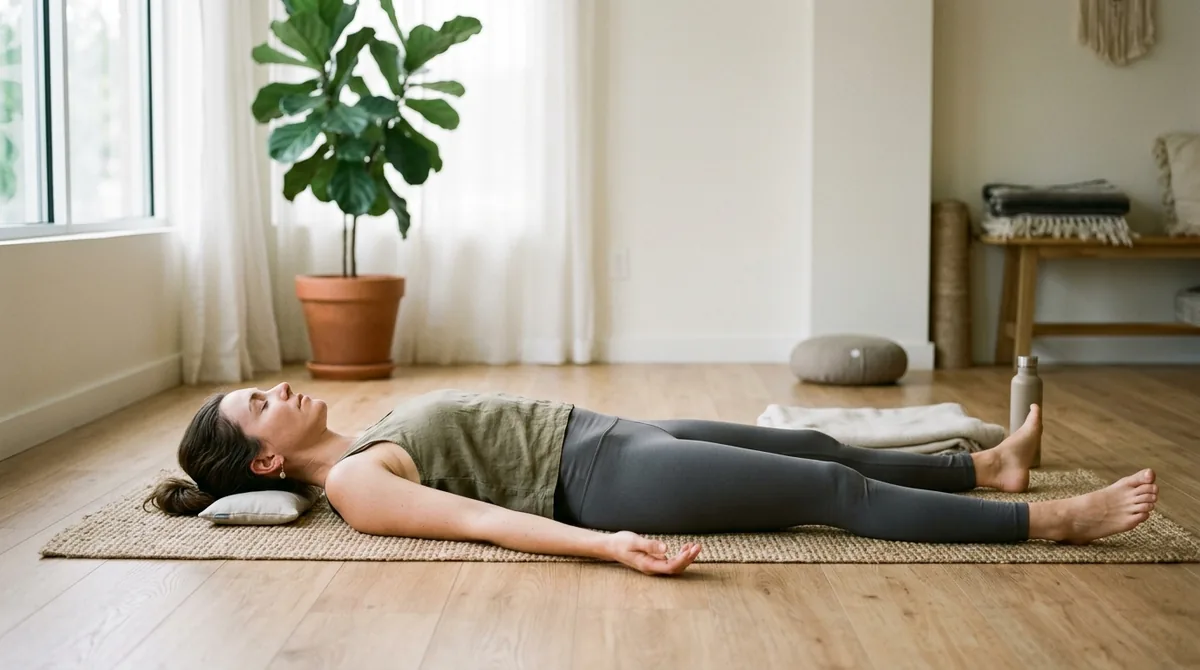 Mulher no relaxamento final savasana, deitada de costas com os braços relaxados ao lado do corpo
