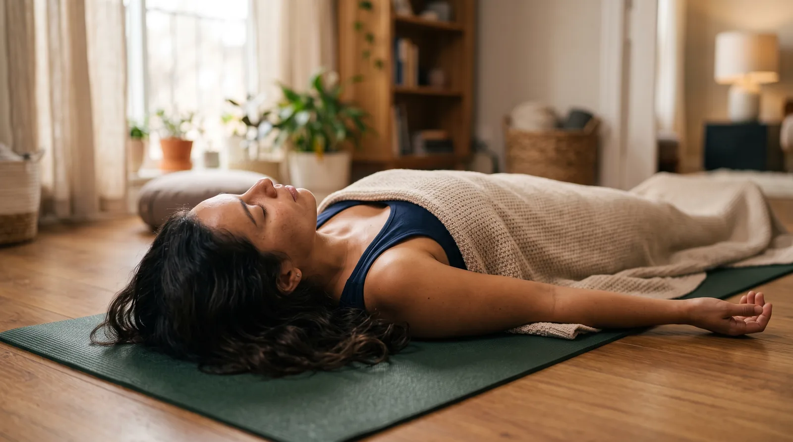 Mulher deitada em relaxamento profundo de yoga nidra sobre um tapete, coberta por uma manta