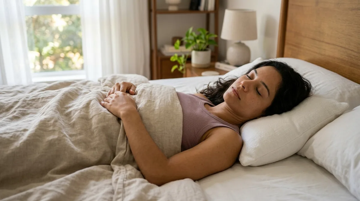 Mulher deitada relaxada na cama sob uma manta, com expressão tranquila, na luz da manhã