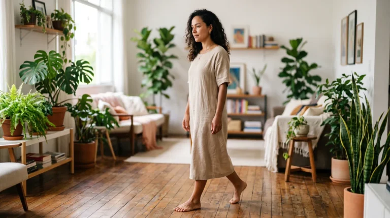 Mulher caminhando devagar e com atenção plena por uma sala com plantas, praticando meditação ativa