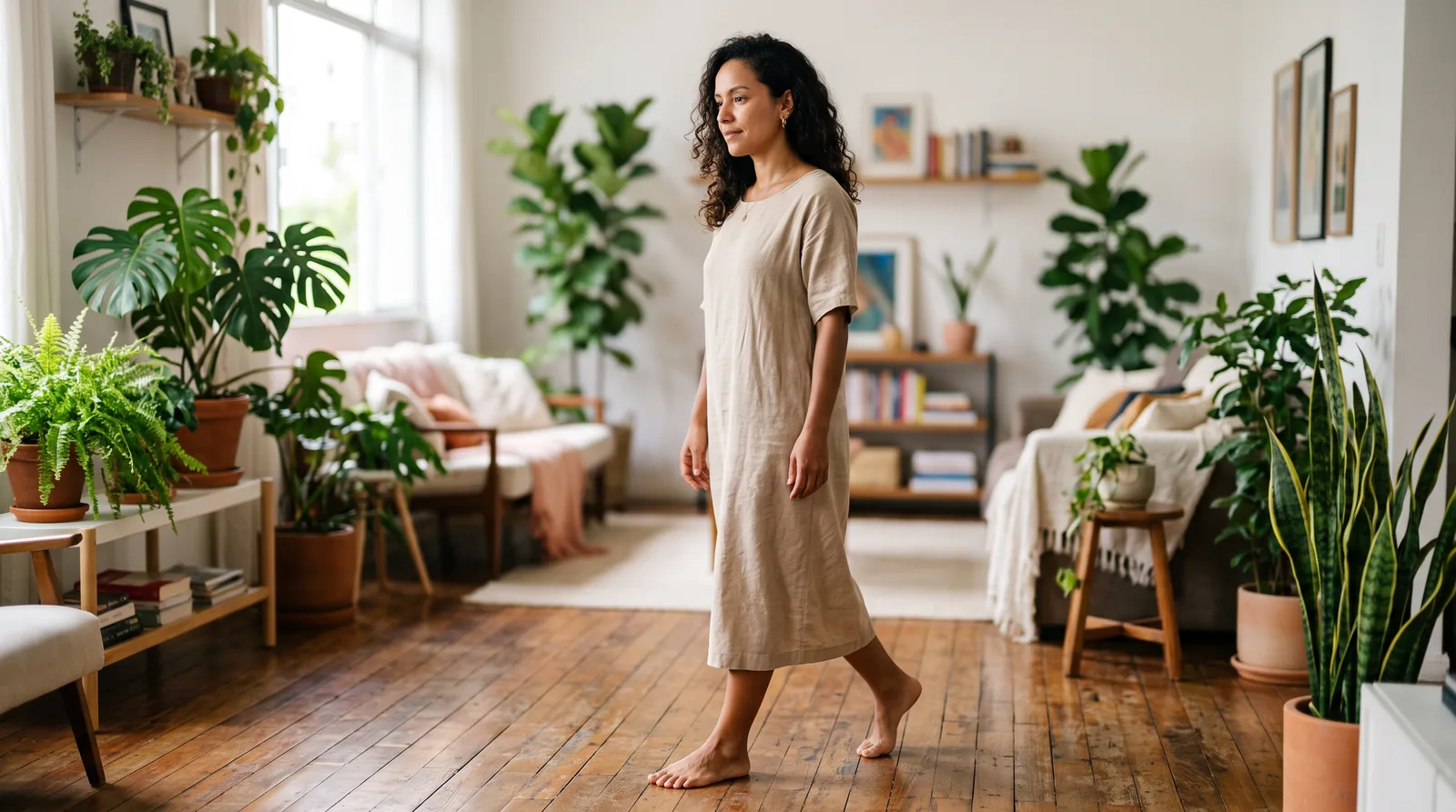 Mulher caminhando devagar e com atenção plena por uma sala com plantas, praticando meditação ativa