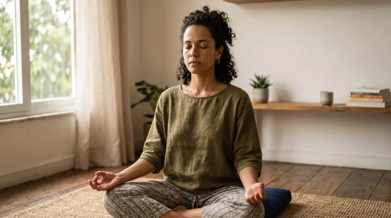 Mulher meditando de pernas cruzadas em profunda quietude, com expressão serena