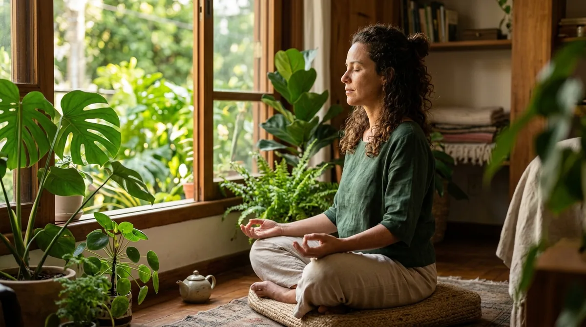 Mulher meditando perto de uma janela cheia de plantas, em calma profunda, na luz dourada