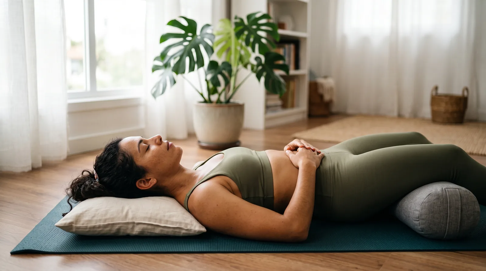 Mulher meditando deitada de costas num tapete, com apoio sob os joelhos e travesseiro sob a cabeça