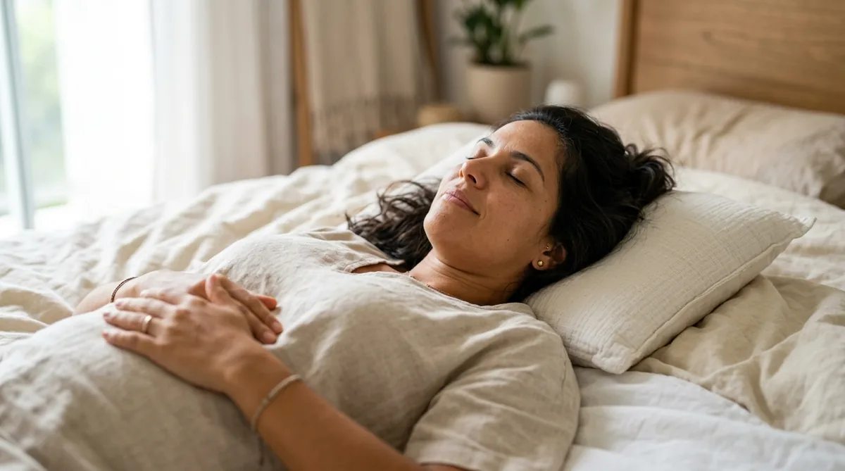 Mulher deitada de costas com as mãos sobre a barriga, relaxada, meditando deitada