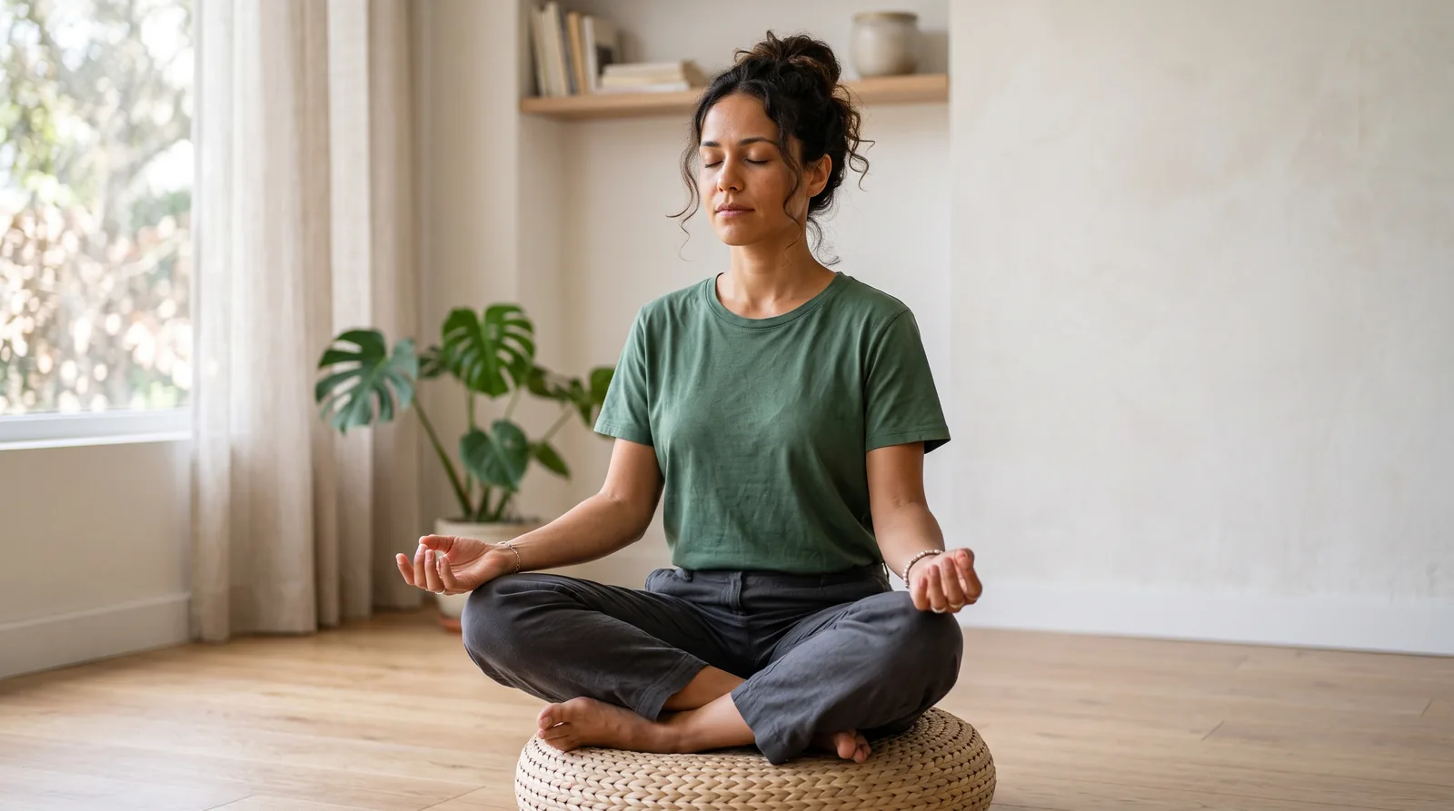 Mulher meditando de pernas cruzadas numa almofada, concentrada, praticando uma técnica de meditação