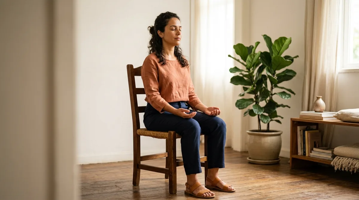 Mulher meditando sentada numa cadeira de madeira, pés no chão e mãos nas coxas, de olhos fechados