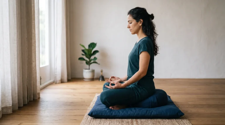 Mulher meditando em zazen numa almofada, vista de lado, coluna ereta e olhar baixo