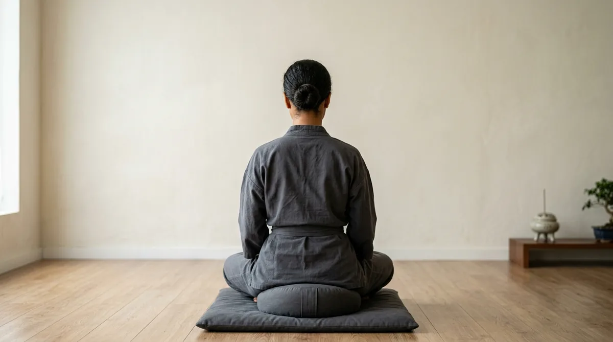 Mulher meditando em zazen voltada para uma parede, vista de costas, postura ereta na almofada